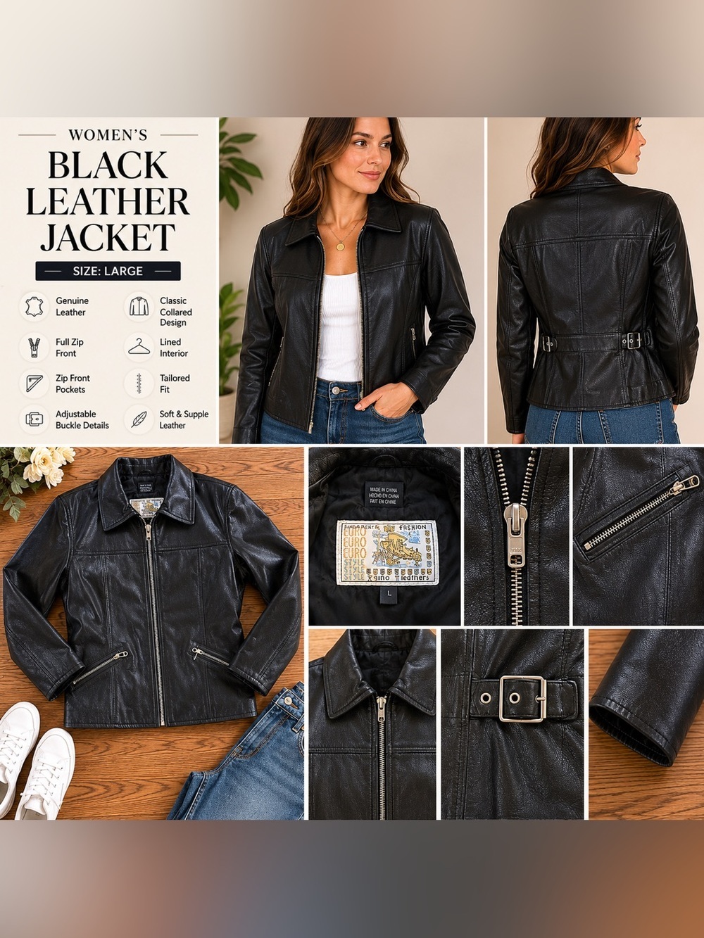 Classic Women's Black Leather Jacket with Buckle Waist Size Large